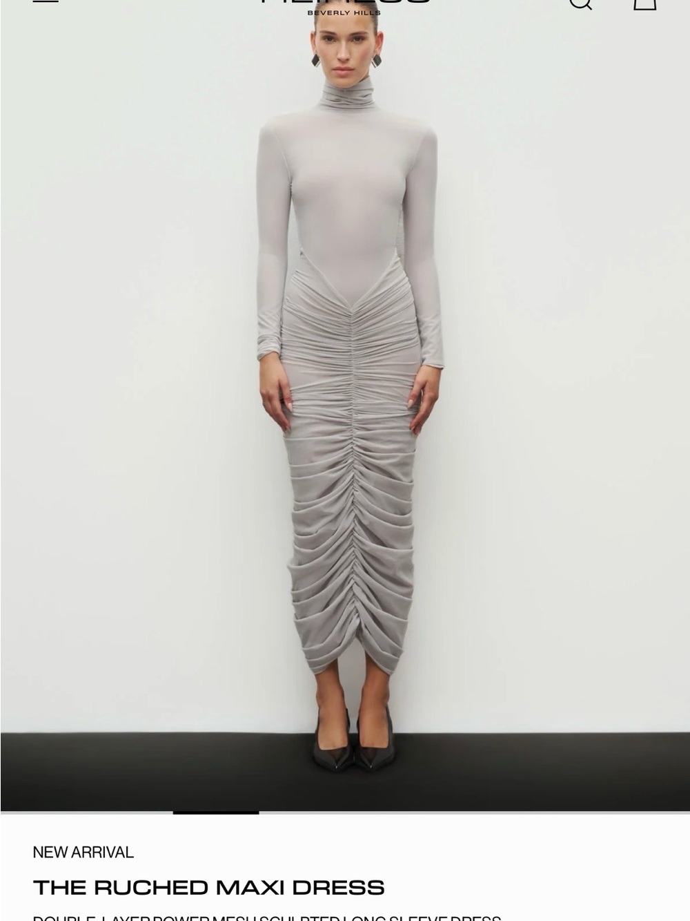Ruched Long-Sleeve Maxi Dress in Light Gray